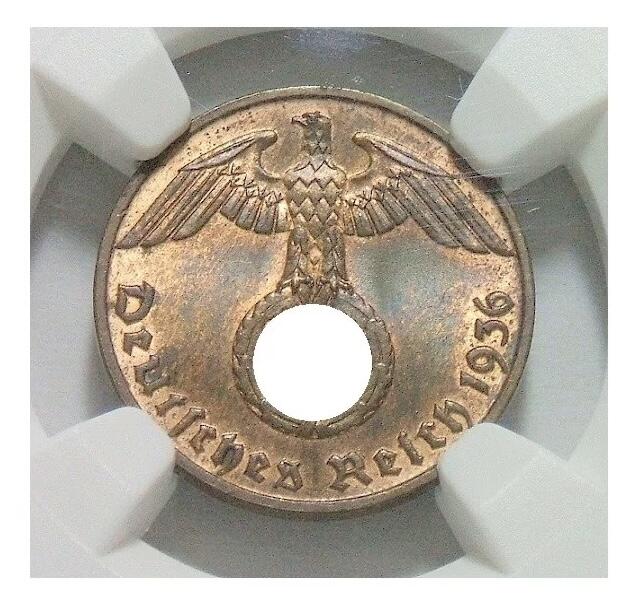 稀年 NGC MS66RB 德国第三帝国1936年F版1芬尼 难得开卷原光