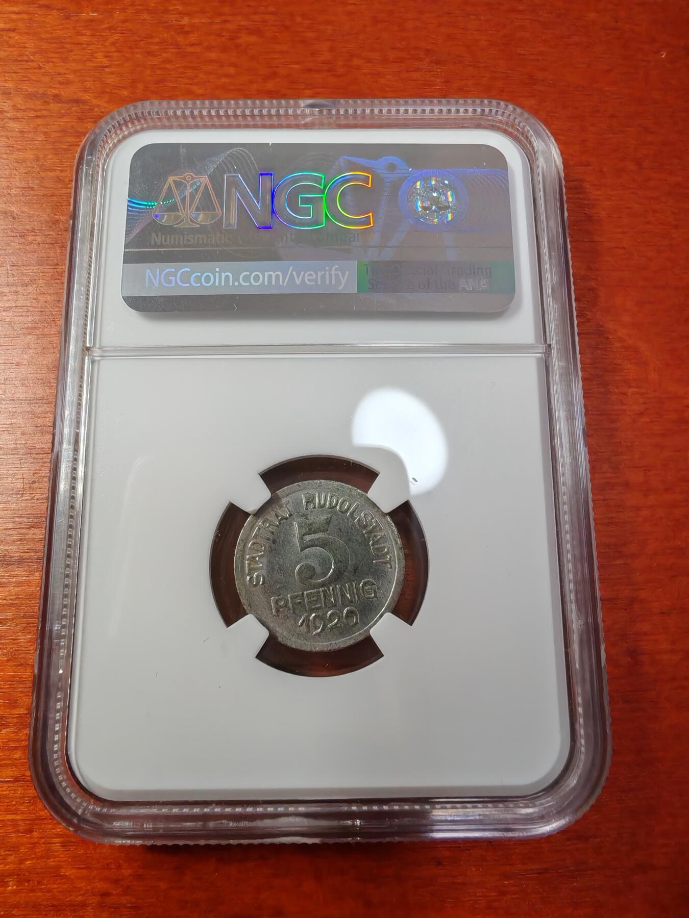 长老汇蛇年精选第一场拍卖 1920 德紧鲁道夫施塔特5芬尼铁币，NGC MS63，亚军分，更高2枚