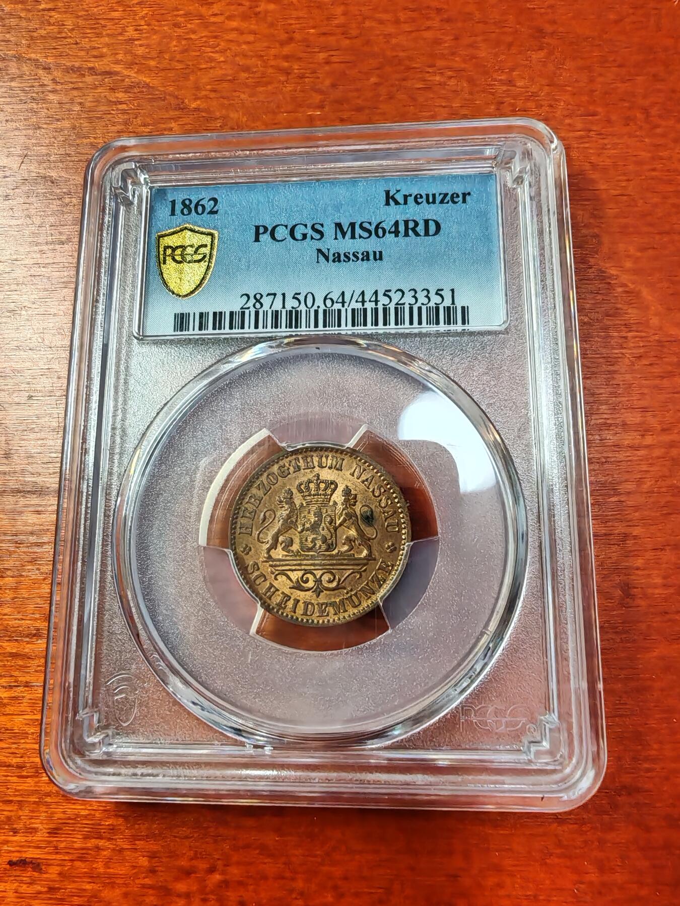 长老汇蛇年精选第一场拍卖 1862 德国拿骚1克洛泽双狮铜币，PCGS MS64RD，唯一冠军分