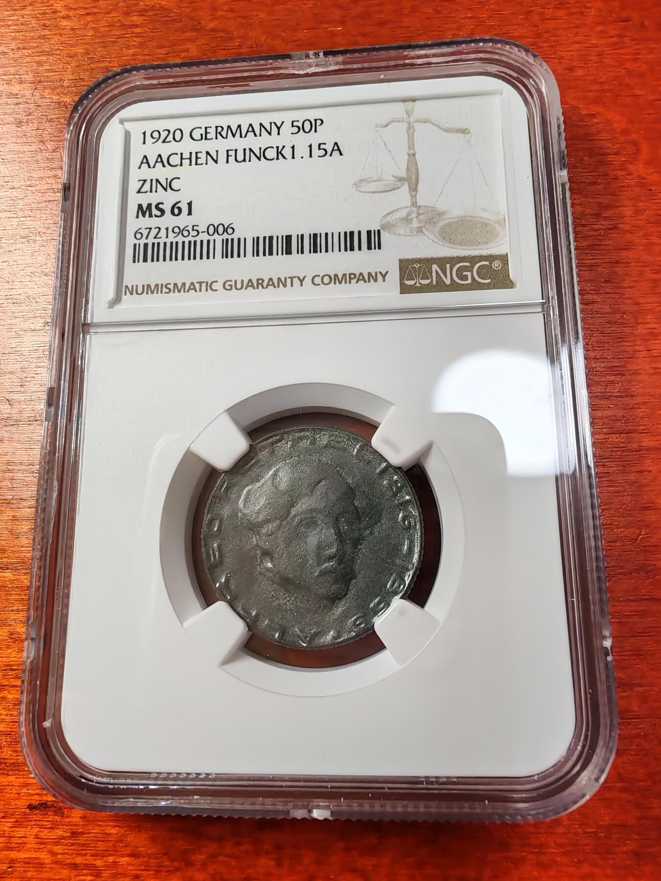 长老汇蛇年精选第一场拍卖 1920 德紧亚琛50芬尼锌币，NGC MS61