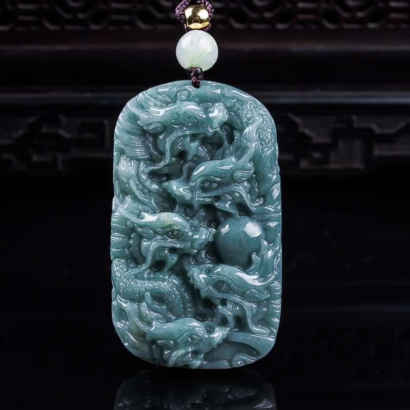 精品和田玉专场 天然翡翠A货满绿精雕九龙挂件