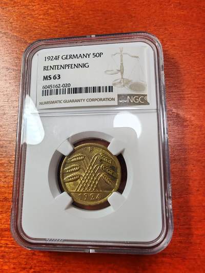 长老汇马年精选第五场拍卖 - 1924F德国魏玛共和国帝国地租50芬尼铜币，NGC MS63，季军分，更高2枚