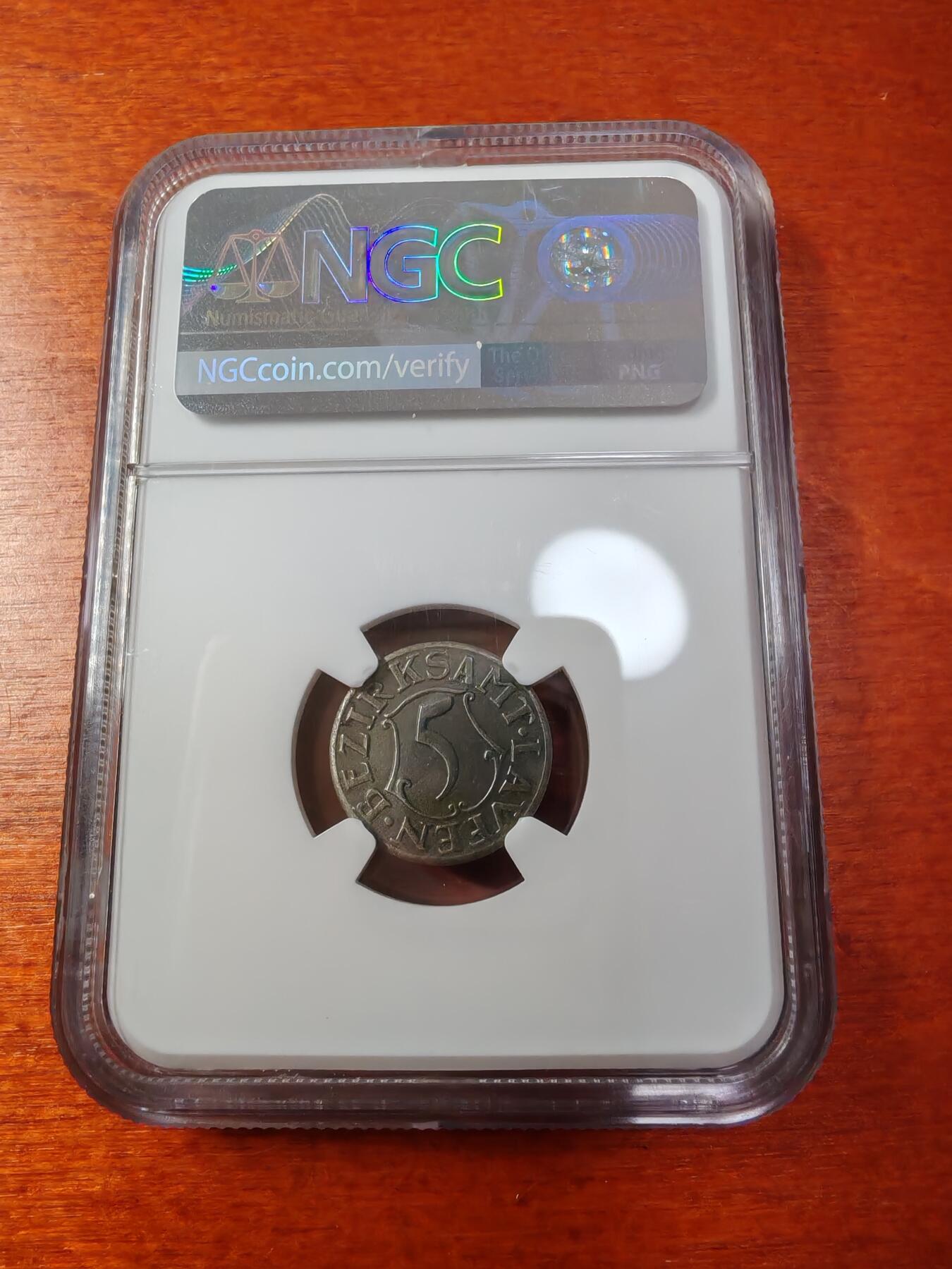 长老汇蛇年精选第一场拍卖 1918 德紧劳芬5芬尼铁币，NGC UNC，哥茨作品