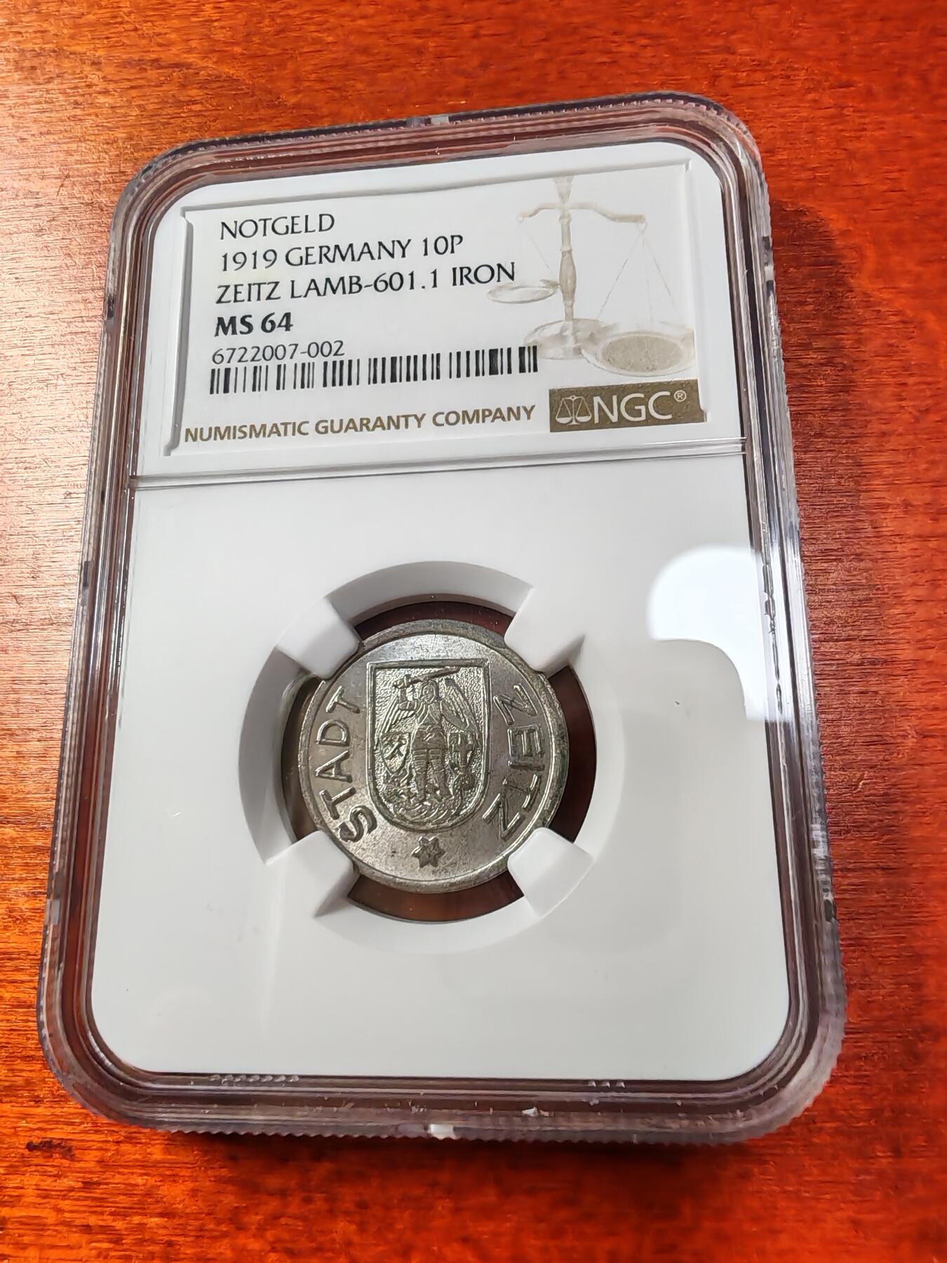 长老汇蛇年精选第一场拍卖 1919德紧蔡茨10芬尼铁币，NGC MS64，冠军