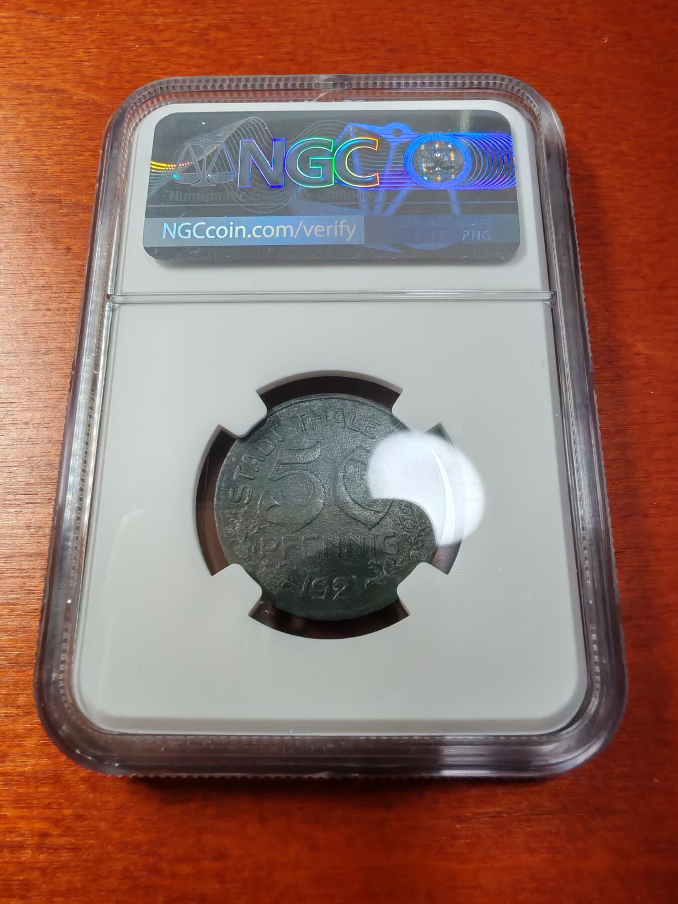 长老汇蛇年精选第一场拍卖 1921德紧哈尔茨野人50芬尼锌币，NGC UNC
