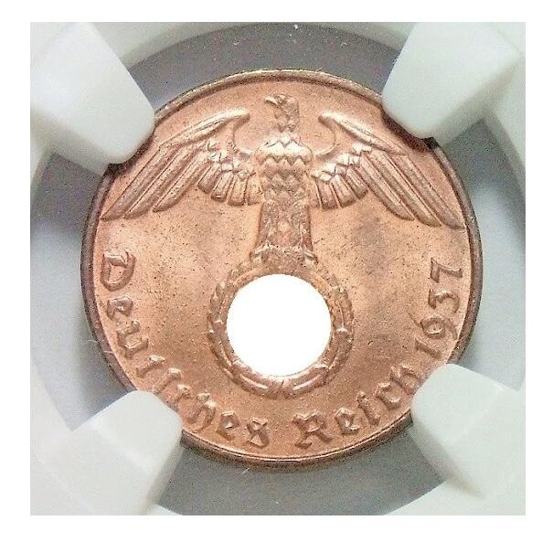 NGC MS65RB 德国第三帝国1937年D版1芬尼 难得开卷原光