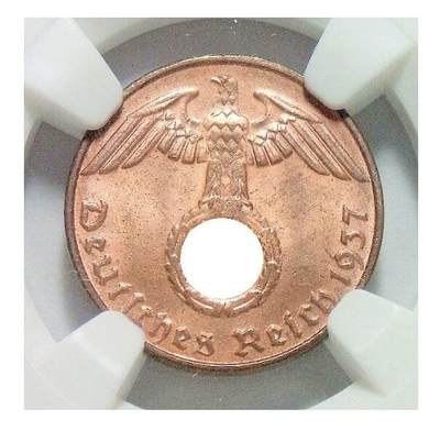 NGC MS65RB 德国第三帝国1937年D版1芬尼 难得开卷原光 - NGC MS65RB 德国第三帝国1937年D版1芬尼 难得开卷原光