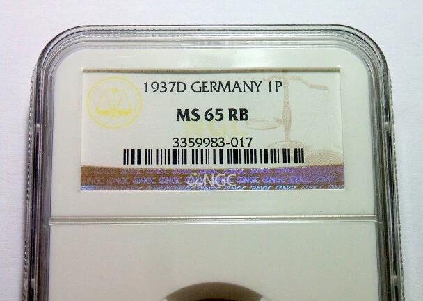 NGC MS65RB 德国第三帝国1937年D版1芬尼 难得开卷原光