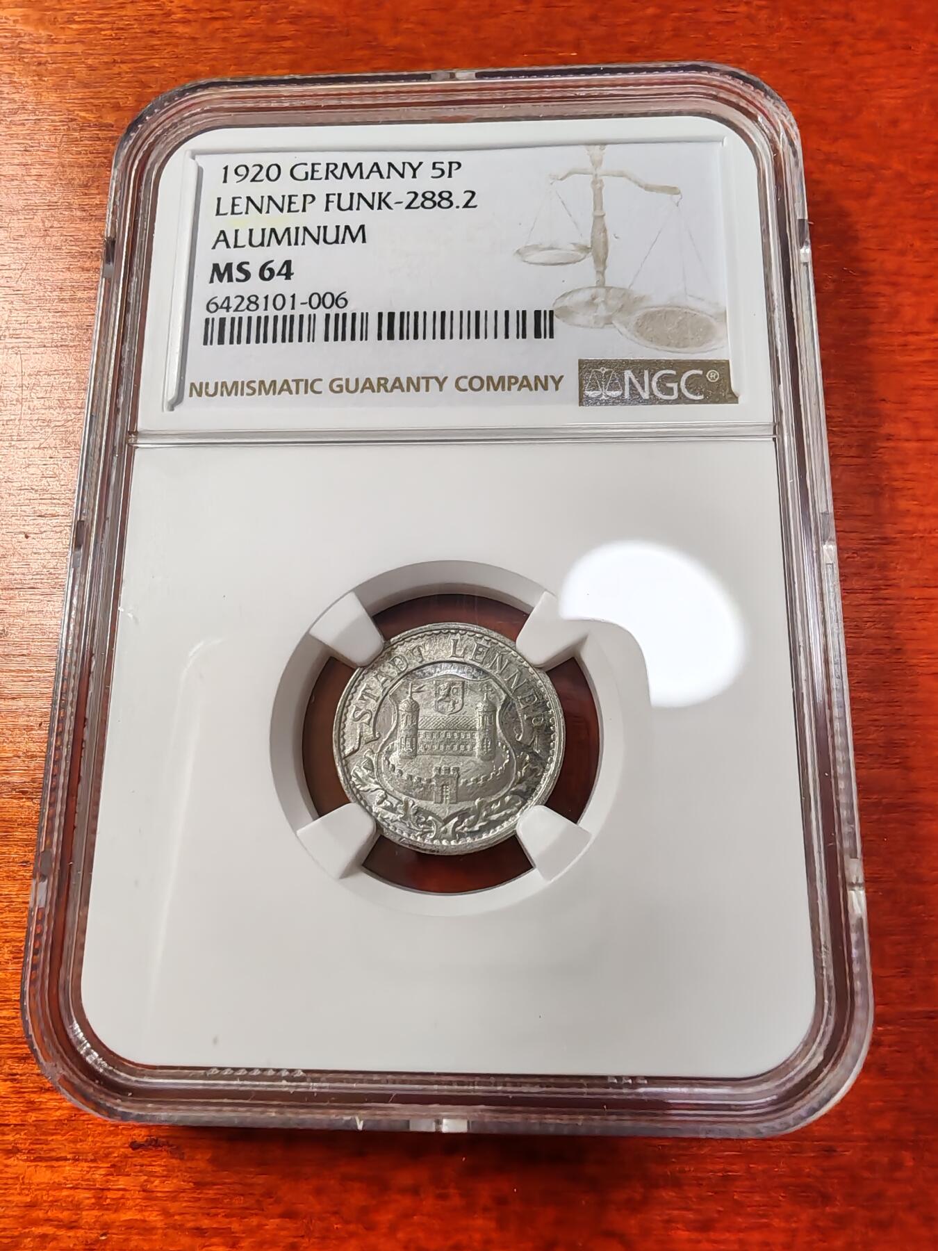 长老汇蛇年精选第一场拍卖 1920德紧伦内普5芬尼铝币，NGC MS64，唯一记录