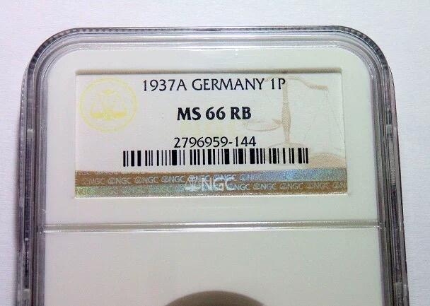 NGC MS66RB 德国第三帝国1937年1芬尼 难得开卷原光