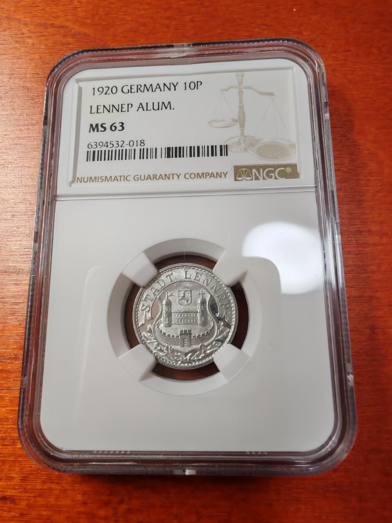 长老汇蛇年精选第一场拍卖 1920德紧伦内普10芬尼铝币，NGC MS63，亚军分，更高1枚