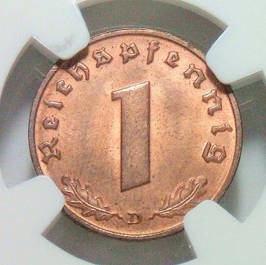 NGC MS65RB 德国第三帝国1937年D版1芬尼 难得开卷原光