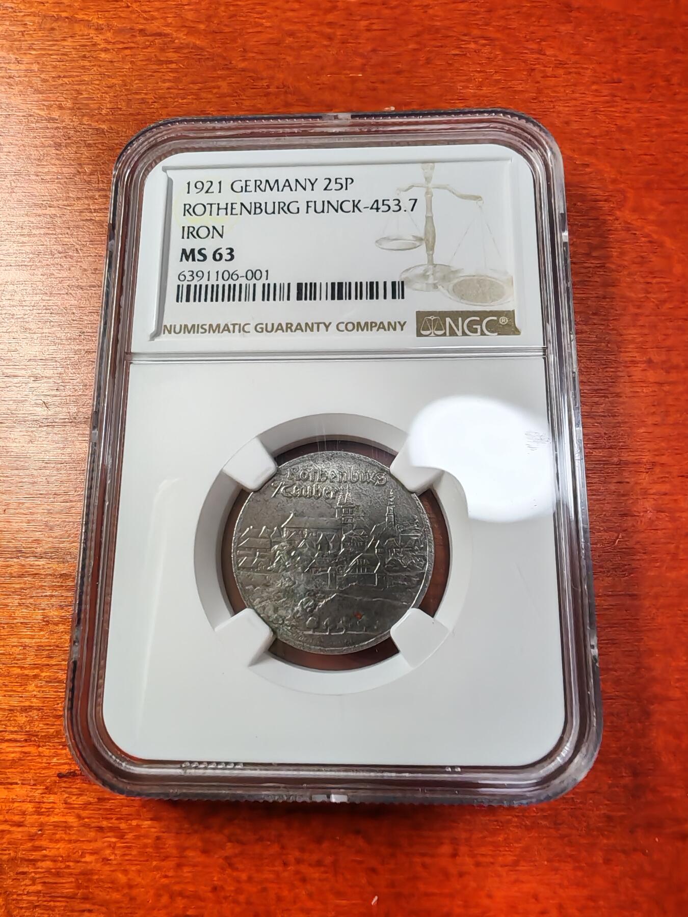 长老汇蛇年精选第一场拍卖 1921德紧罗滕堡景观25芬尼铁币，NGC MS63，唯一冠军