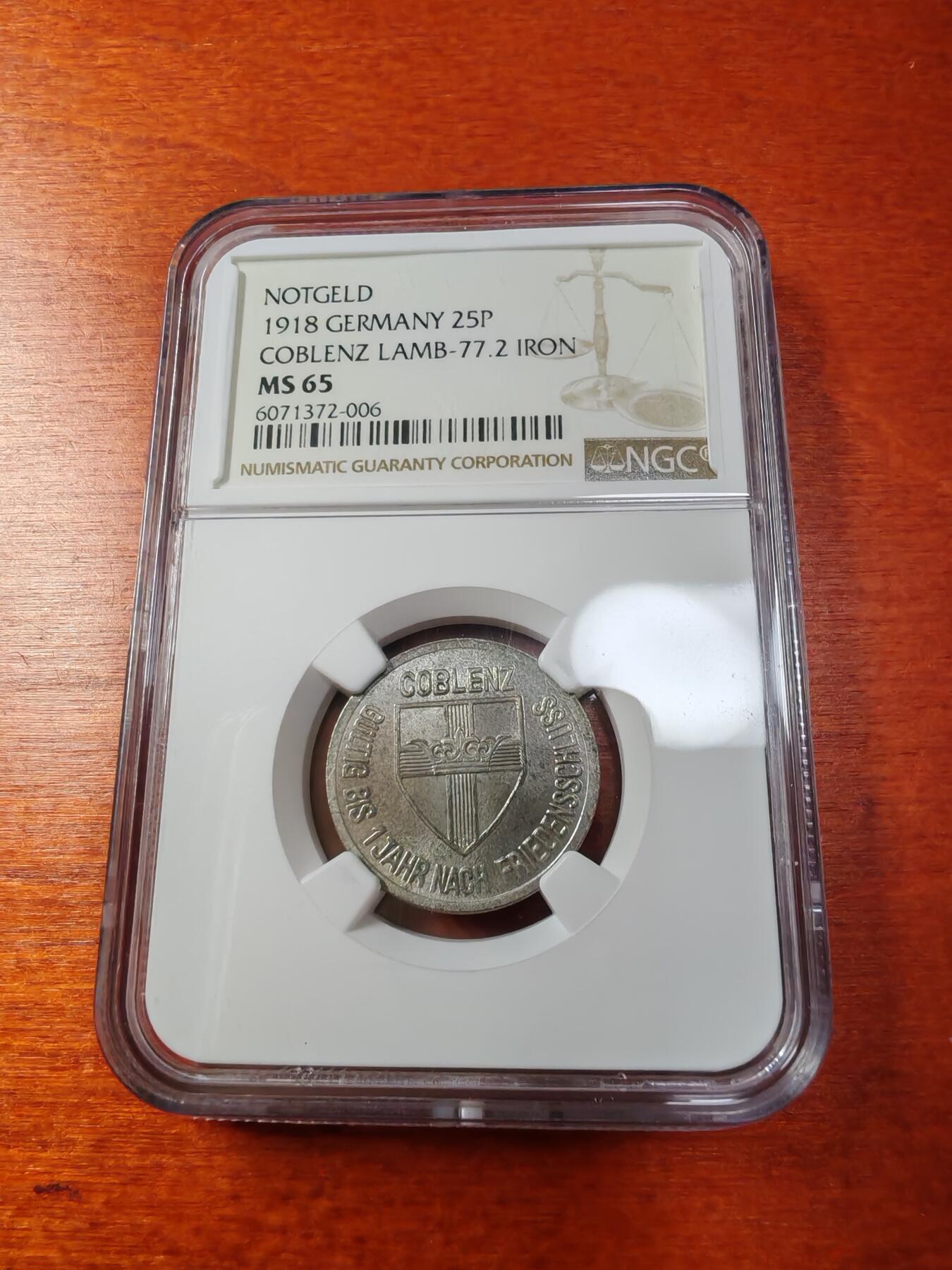 长老汇蛇年精选第一场拍卖 1918德紧科布伦茨25芬尼铁币，NGC MS65，唯一冠军