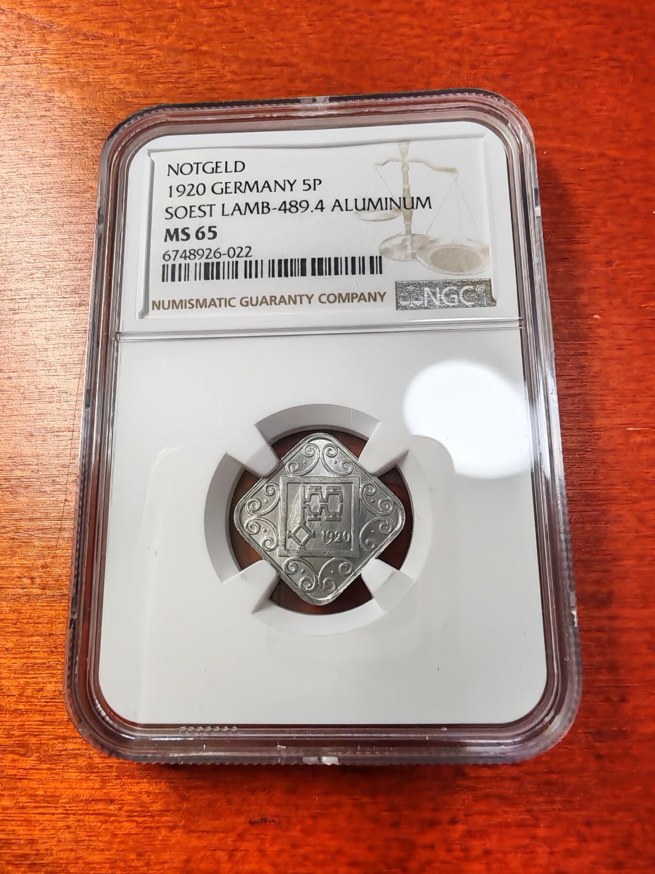 长老汇蛇年精选第一场拍卖 1920德紧索斯特5芬尼铝币，NGC MS65，唯一亚军，更高1枚