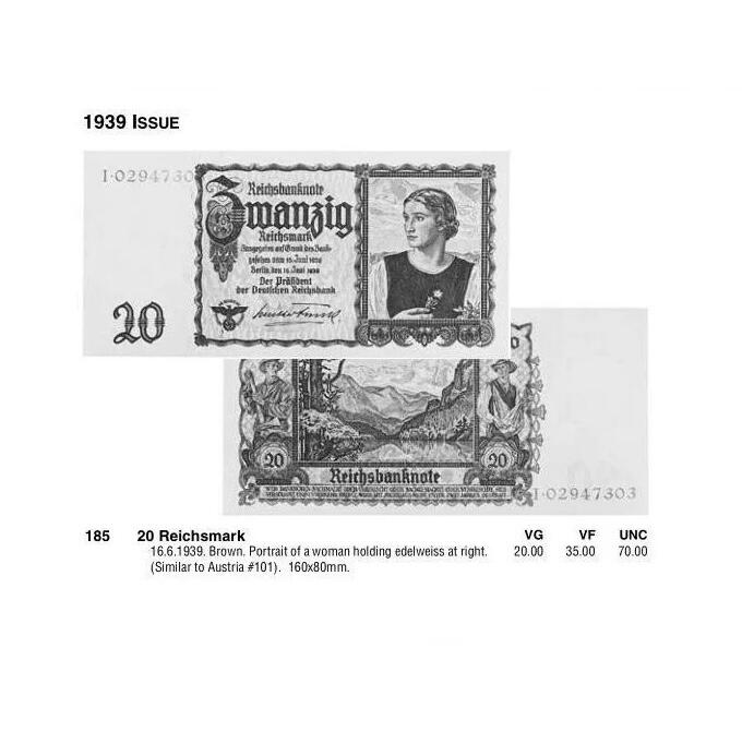 PMG MS64 德国第三帝国1939年女人头20马克 原光挺版