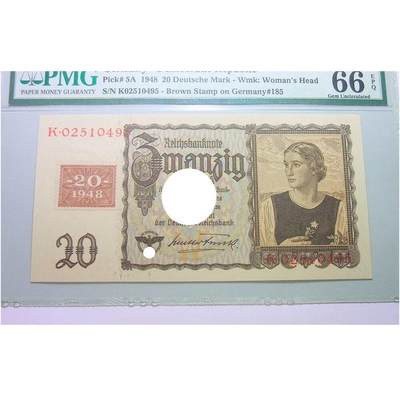 PMG MS66 盟军占德国1948年贴票版女人头20马克 原光挺版 - PMG MS66 盟军占德国1948年贴票版女人头20马克 原光挺版