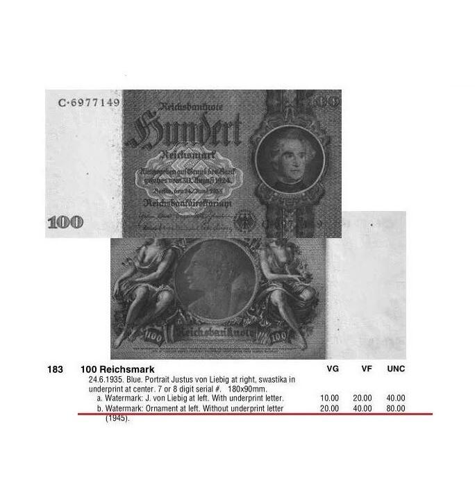PCGS MS64 德国第三帝国1935年化学家100马克 无字母花纹水印版 原光