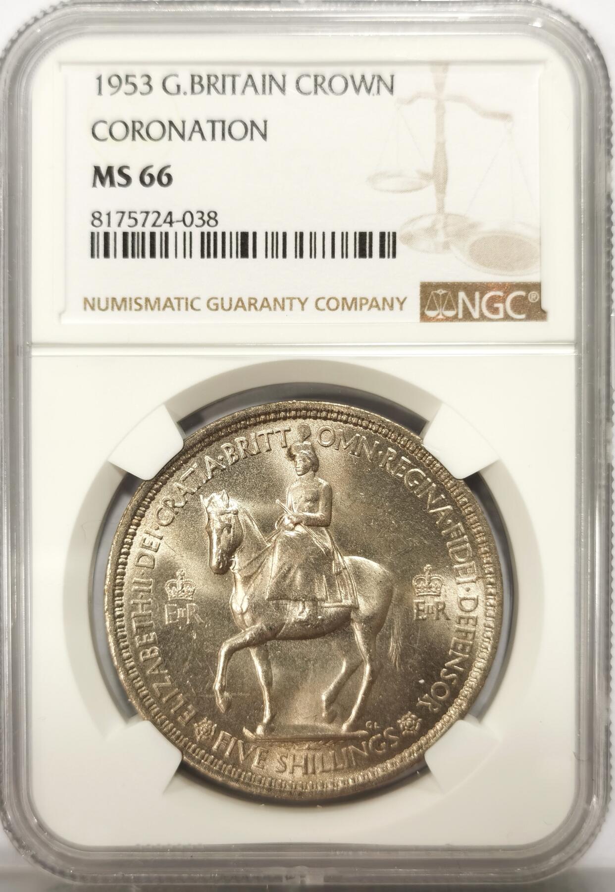 博洋堂世界钱币拍卖第109期（全场包邮） NGC MS66 英国1953年伊丽莎白二世登基纪念克朗，少见高分