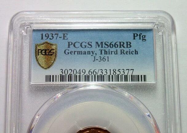 金盾PCGS MS66RB 德国第三帝国1937年E版1芬尼 难得开卷原光