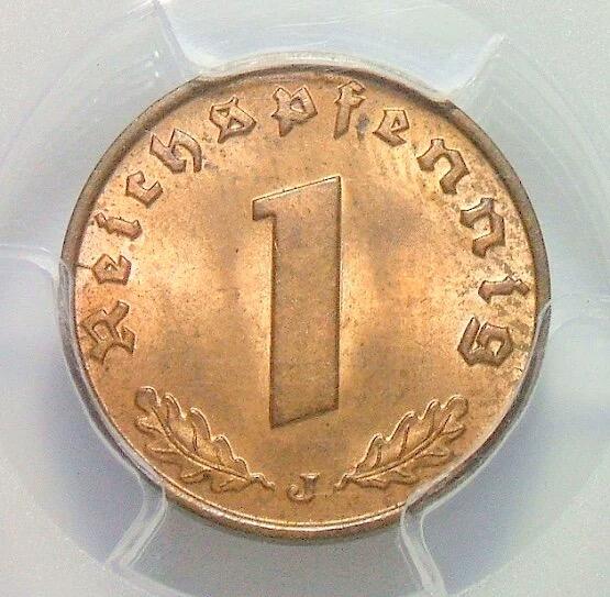 金盾PCGS MS64RB 德国第三帝国1937年J版1芬尼 难得开卷原光