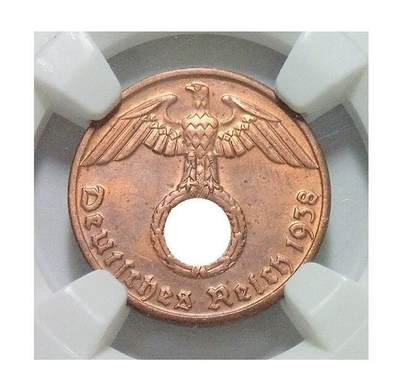 NGC MS63RB 德国第三帝国1938年B版1芬尼 难得开卷原光 - NGC MS63RB 德国第三帝国1938年B版1芬尼 难得开卷原光