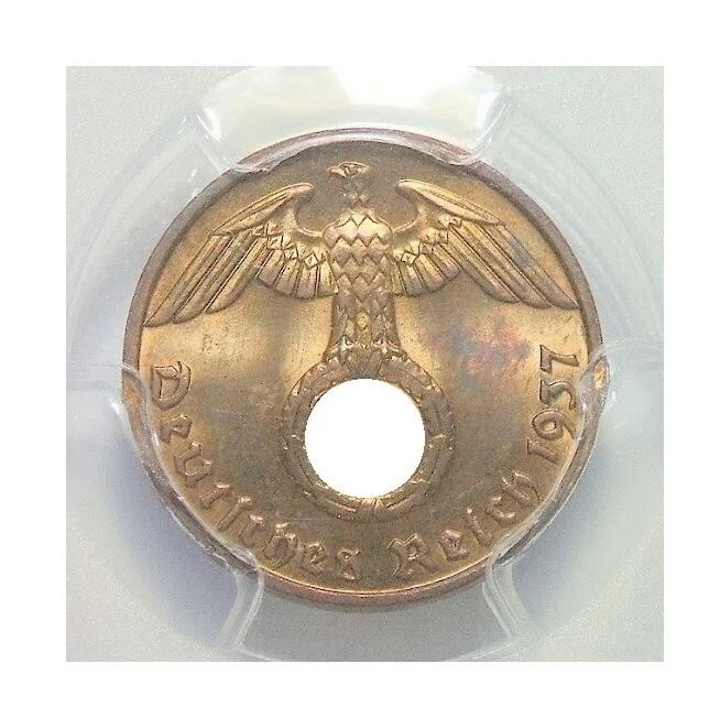 金盾PCGS MS64RB 德国第三帝国1937年F版1芬尼 难得开卷原光