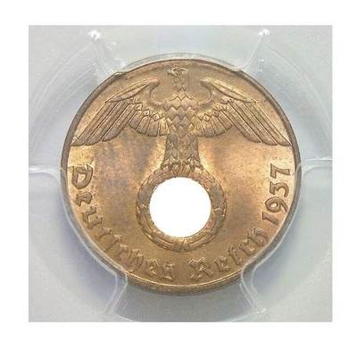金盾PCGS MS64RB 德国第三帝国1937年J版1芬尼 难得开卷原光 - 金盾PCGS MS64RB 德国第三帝国1937年J版1芬尼 难得开卷原光