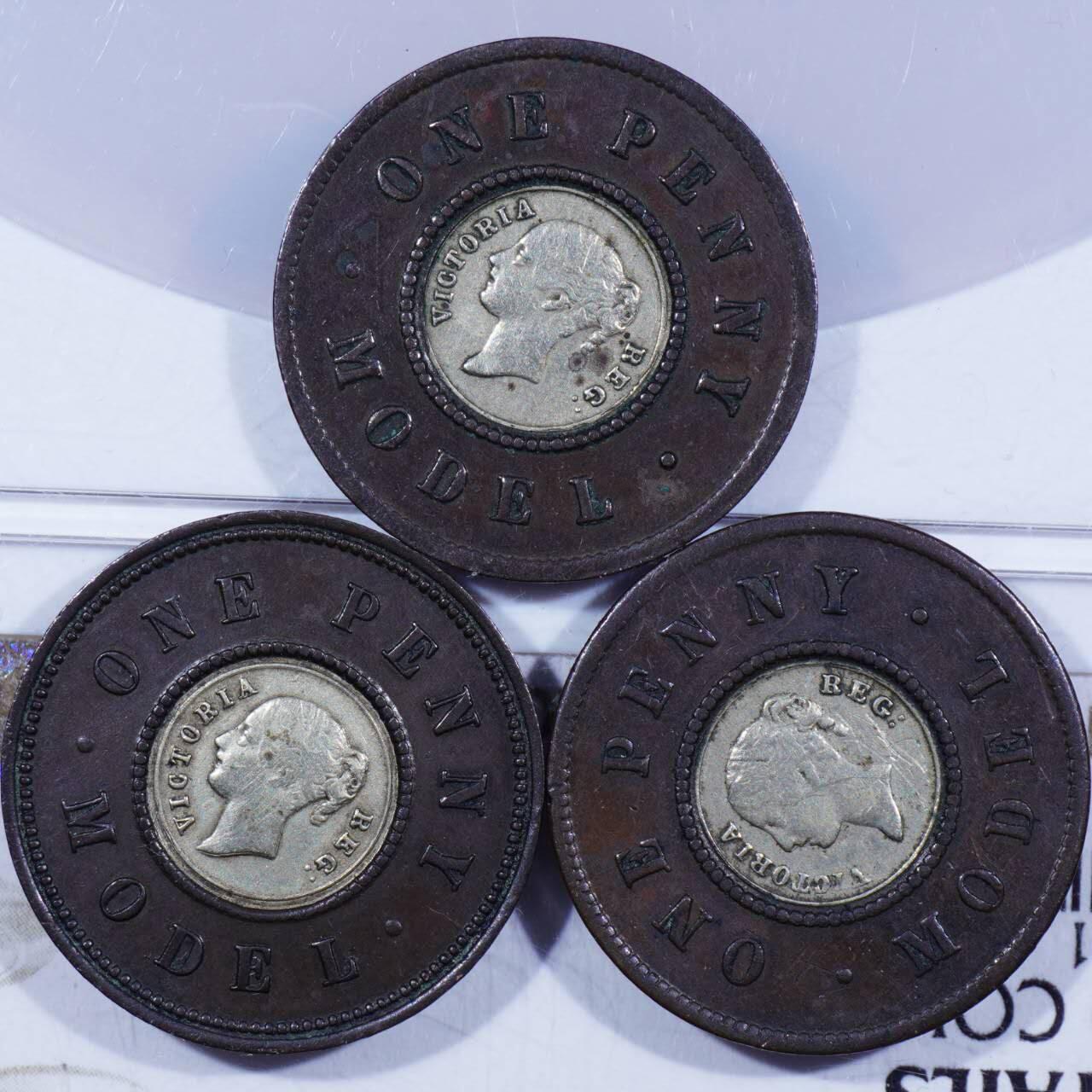 1844年英国维多利亚女王青年像1便士双金属银芯样币、MODEL试机币  