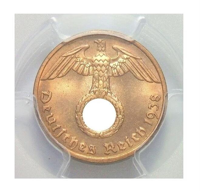 金盾PCGS MS65RD 德国第三帝国1938年1芬尼 难得开卷原光