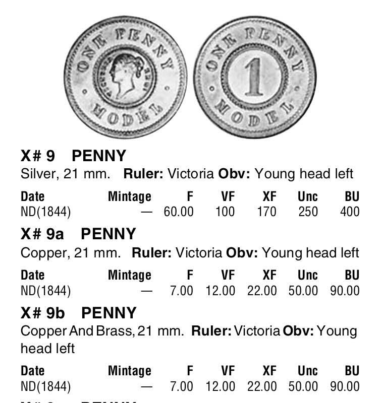 1844年英国维多利亚女王青年像1便士双金属银芯样币、MODEL试机币  