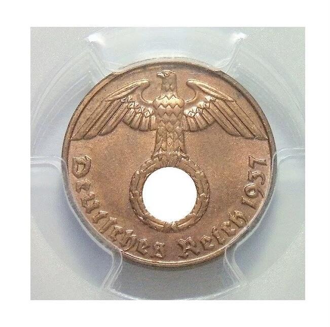 金盾PCGS MS66RB 德国第三帝国1937年E版1芬尼 难得开卷原光