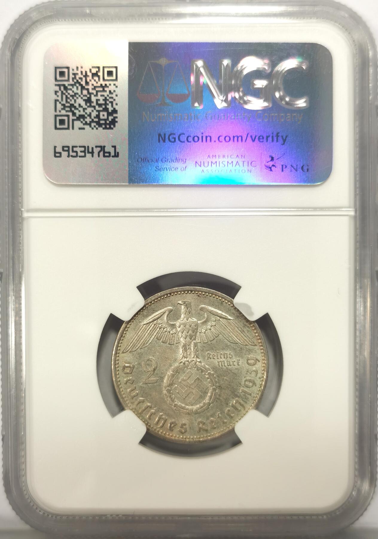 博洋堂世界钱币拍卖第109期（全场包邮） NGC MS62 德国第三帝国1939年A兴登堡2马克银币