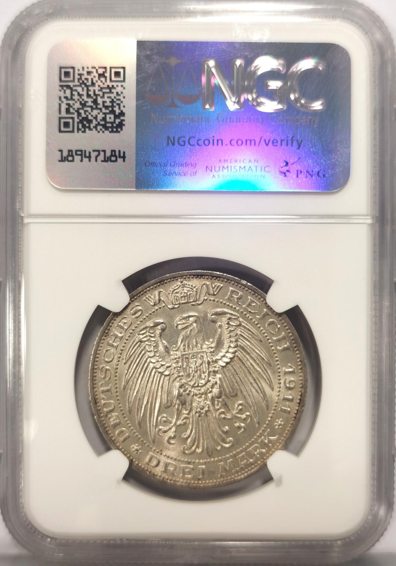 博洋堂世界钱币拍卖第109期（全场包邮） NGC MS62 德国普鲁士1911年布雷斯劳大学3马克银币