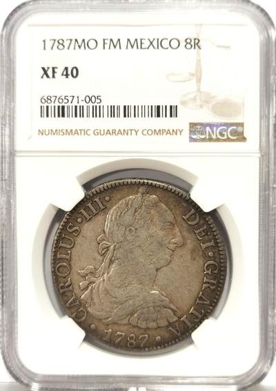 博洋堂“心向春光”2月精品大拍专场暨第160期（全场包邮） - NGC XF40 西属墨西哥1787年MO FM卡洛斯三世双柱8R，一流原味包浆，状态优秀，严重低估的品种