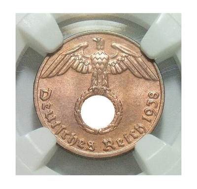 NGC MS65RB 德国第三帝国1938年E版1芬尼 难得开卷原光 - NGC MS65RB 德国第三帝国1938年E版1芬尼 难得开卷原光