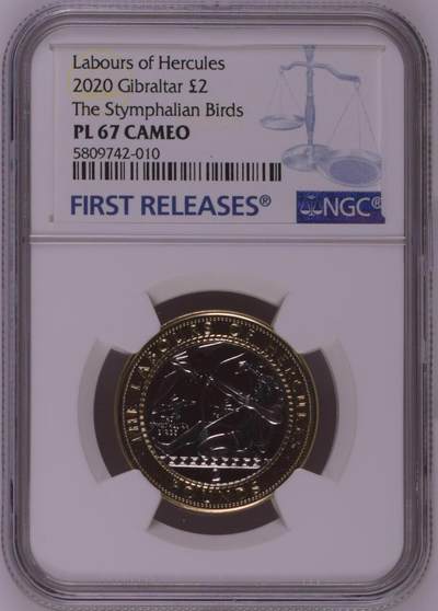 S&S Numismatic世界钱币-拍卖 第126期  直布罗陀2020年大力神海格力斯英雄事迹6-杀死斯廷法罗斯湖怪鸟 2英镑双色纪念币NGC PL67C，发行量1750枚