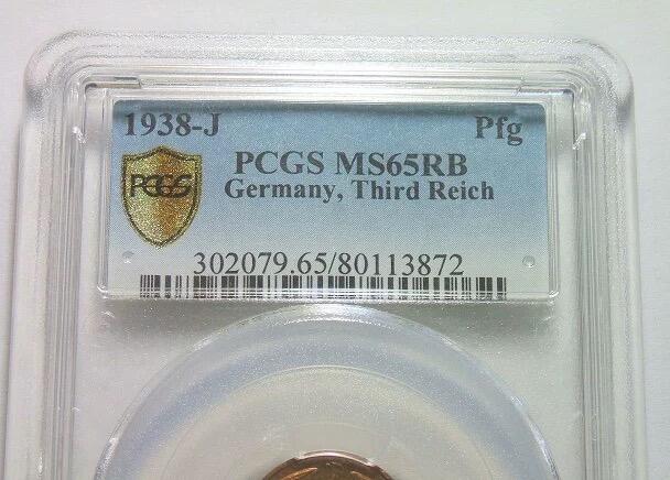 金盾PCGS MS65RB 德国第三帝国1938年J版1芬尼 难得开卷原光   