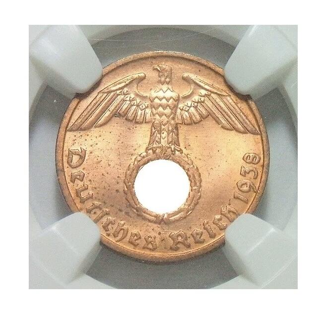NGC MS64RD 德国第三帝国1938年D版1芬尼 难得开卷原光