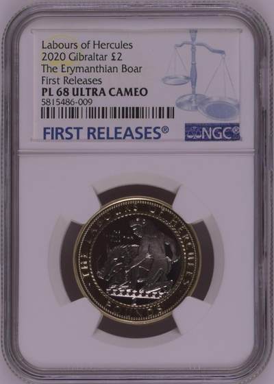 S&S Numismatic世界钱币-拍卖 第126期  直布罗陀2020年大力神海格力斯英雄事迹4-活捉厄律曼托斯山上的野猪 2英镑双色纪念币NGC PL69UC，发行量1750枚
