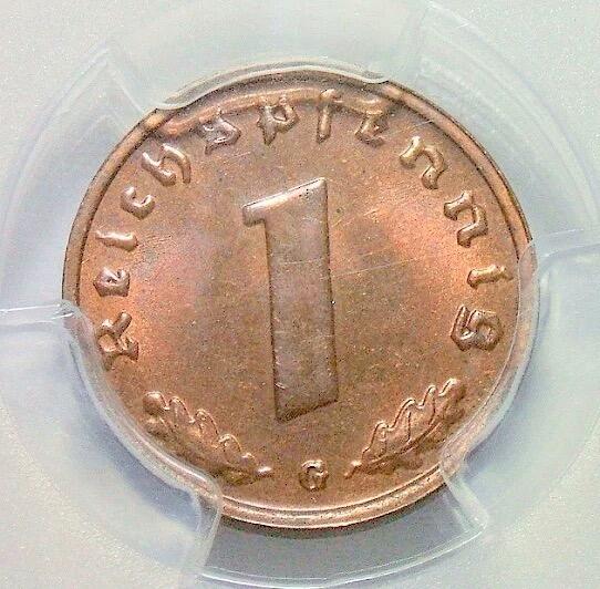 金盾PCGS MS64RB 德国第三帝国1938年G版1芬尼 难得开卷原光