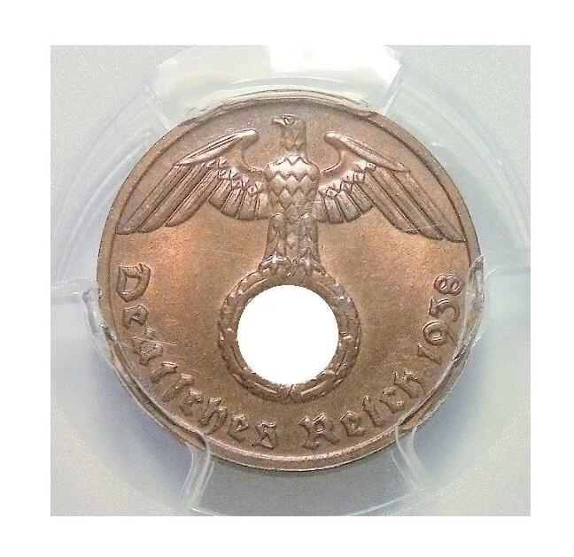 金盾PCGS MS64RB 德国第三帝国1938年G版1芬尼 难得开卷原光