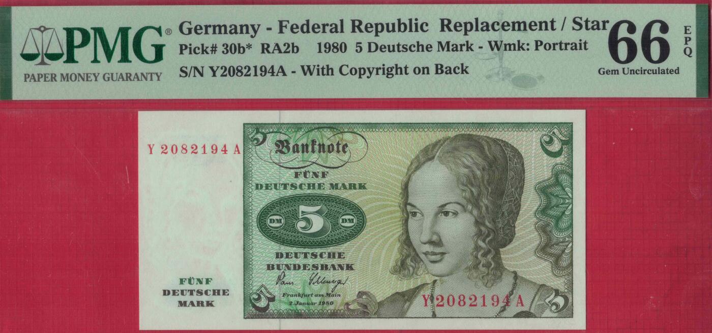 (联邦德国 西德)德国1980年5马克 P-30b* 补号钞 实物图 UNC