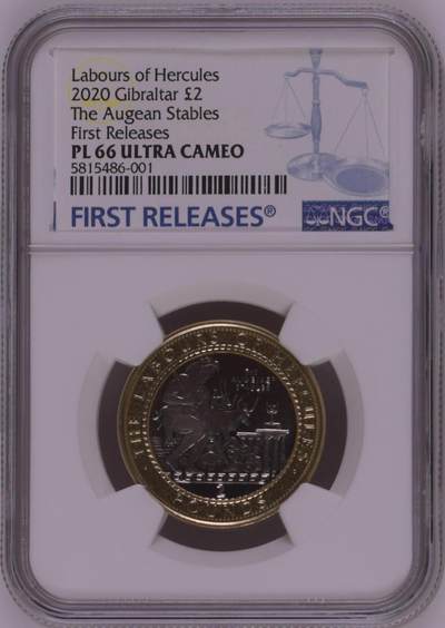 S&S Numismatic世界钱币-拍卖 第126期  直布罗陀2020年大力神海格力斯英雄事迹5-清洗奥吉亚斯的牛厩 2英镑双色纪念币NGC PL66UC，发行量1750枚