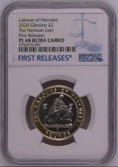 S&S Numismatic世界钱币-拍卖 第126期  直布罗陀2020年 大力神海格力斯英雄事迹1-杀掉涅墨亚狮子 2英镑双色纪念币NGC PF68UC，发行量1750枚