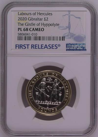 S&S Numismatic世界钱币-拍卖 第126期  直布罗陀2020年大力神海格力斯英雄事迹9-夺取亚马孙女王希波吕忒的腰带 2英镑双色纪念币NGC PL68C，发行量1750枚