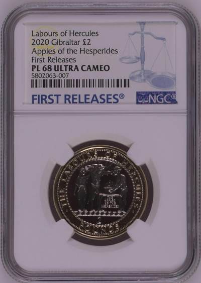S&S Numismatic世界钱币-拍卖 第126期  直布罗陀2020年大力神海格力斯英雄事迹11-摘取赫斯珀里得斯的的金苹果 2英镑双色纪念币NGC PL68UC，发行量1750枚