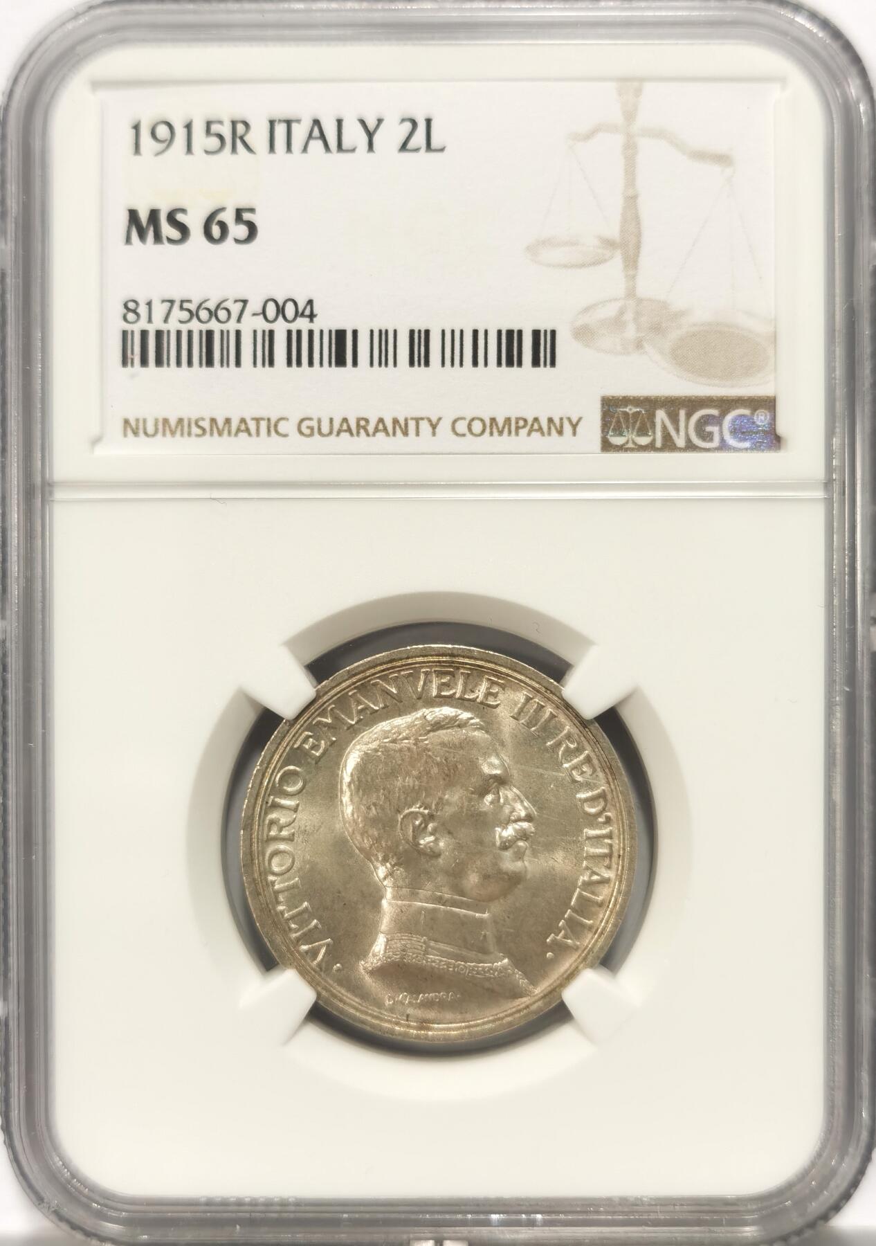 博洋堂世界钱币拍卖第109期（全场包邮） NGC MS65 意大利1915年经典马车淡彩2里卡银币 十字转光 凝霜感强 能上64分数屈指可数 65分数更是难上加难 收藏品级