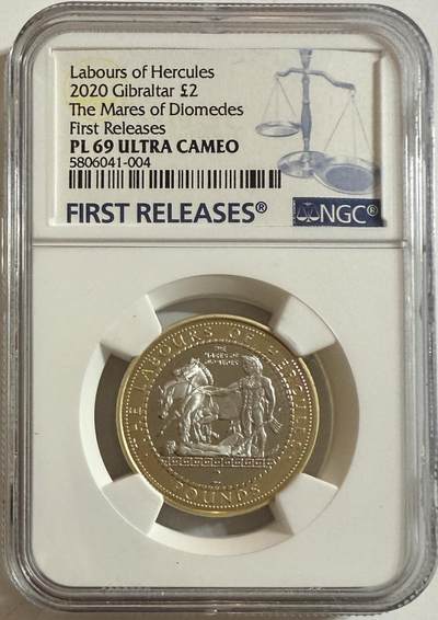 S&S Numismatic世界钱币-拍卖 第126期  直布罗陀2020年大力神海格力斯英雄事迹8-制服狄俄墨得斯的食肉马 2英镑双色纪念币NGC PL69UC，发行量1750枚