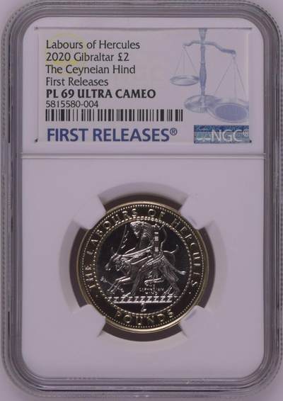 S&S Numismatic世界钱币-拍卖 第126期  直布罗陀2020年大力神海格力斯英雄事迹3-捕获阿尔忒弥斯的鹿 2英镑双色纪念币NGC PL69UC，发行量1750枚